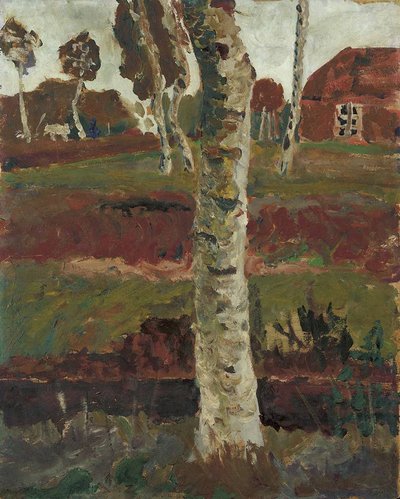 Birch Trunk by Moor Ditch in Landscape with House by Paula Modersohn Becker